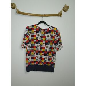 David Matthew Shirt Women's Blue Red  Nautical‎ Vintage Elastic Hem Size